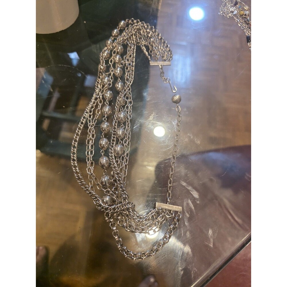 Vintage Multi 7 Strand Assorted Silver Tone Link Chains Necklace